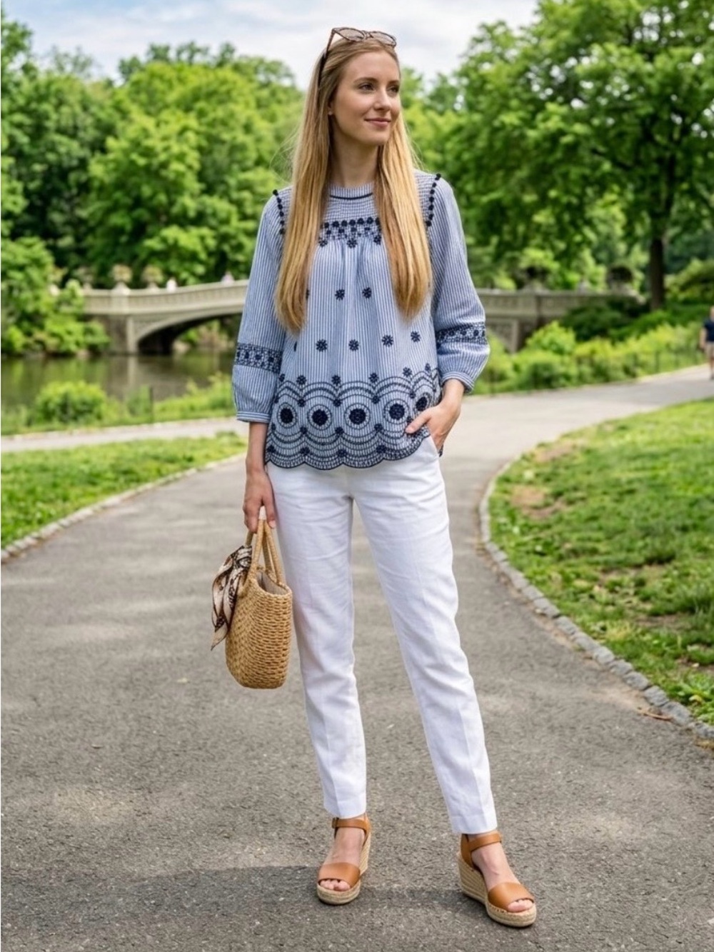 Crown & Ivy Striped Embroidered Scalloped Hem Top